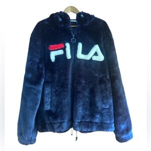 FILA plush faux fur Y2K lined coat with hood, size XL
